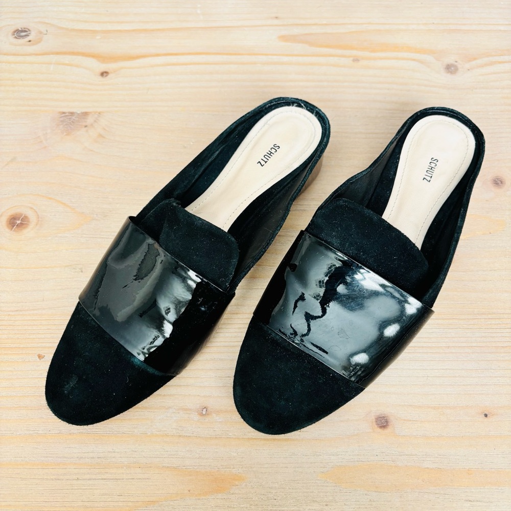 SCHUTZ Black Suede Patent Mule Loafers Size 8 B Block Heel